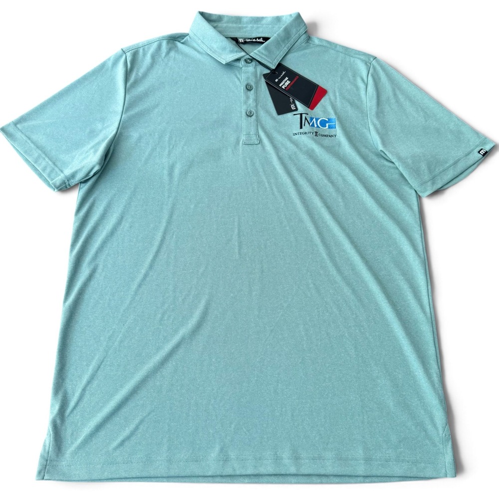 Travis Mathew Performance Golf Polo NWT Men L Beryl Green Heather Corporate Logo